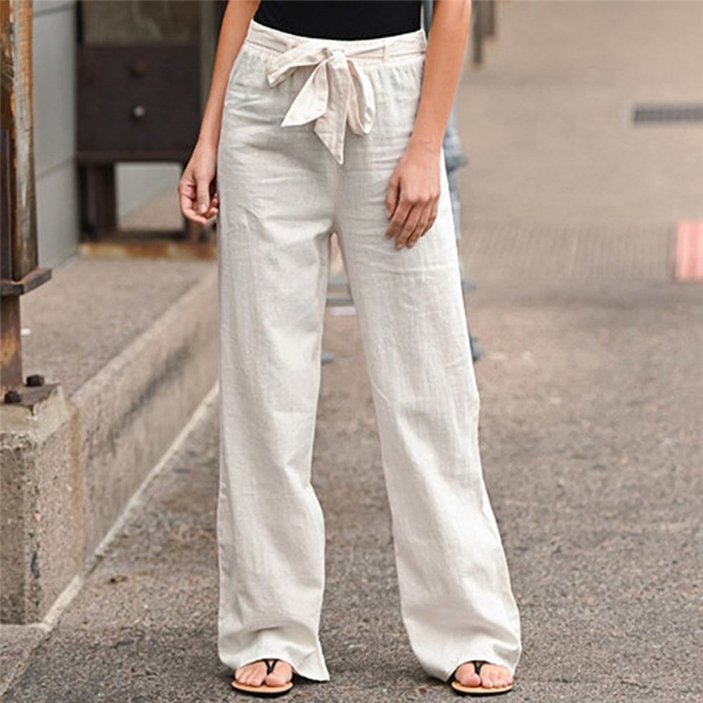 Linen Cotton Pants Solid Colors Elastic Waist with Belt, Wide Leg Multiple Sizes - Picture 3 of 6